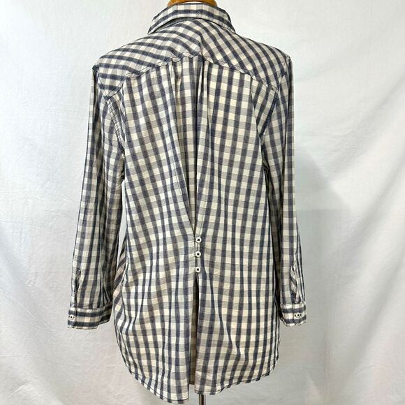 LUCKY BRAND NWT Blue Cream Plaid Collared Blouse Cinch Waist Womens XL Bohemian - Picture 4 of 8
